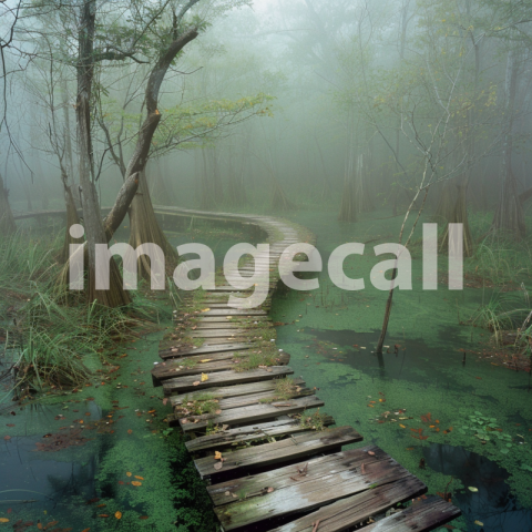 Cspreeti Front view of a narrow wooden bridge winding through 10230e95 cfd9 4635 b362 bd1ec57558b4 0