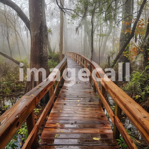 Cspreeti Front view of a narrow wooden bridge winding through 10230e95 cfd9 4635 b362 bd1ec57558b4 2