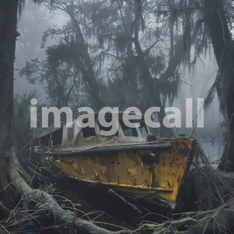 Cspreeti Front view of a derelict boat lodged between gnarled 0cdcfda6 46a1 4a9f ba74 c673a14045d2 2