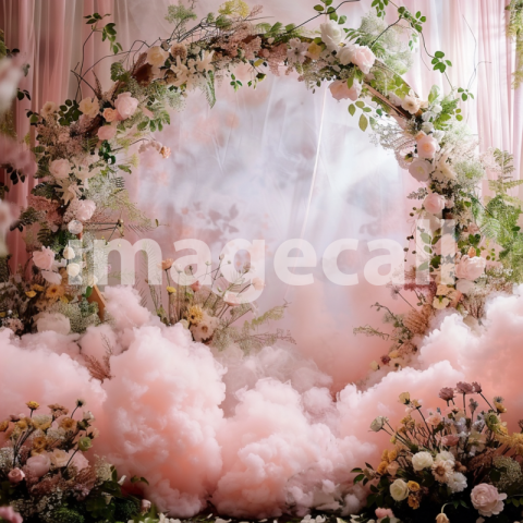Mockup A pink cloud backdrop with delicate floral garlands s 9802f690 9a90 4a8d be60 4a92fbb93372